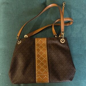Michael Kors Dark Brown and Tan Studded Shoulder Bag with Gold Embellishments.